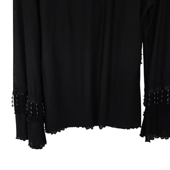 Marianne Black Sheer Beaded Fringe Top S Vintage 90s Boho Bell Sleeves - Picture 4 of 10